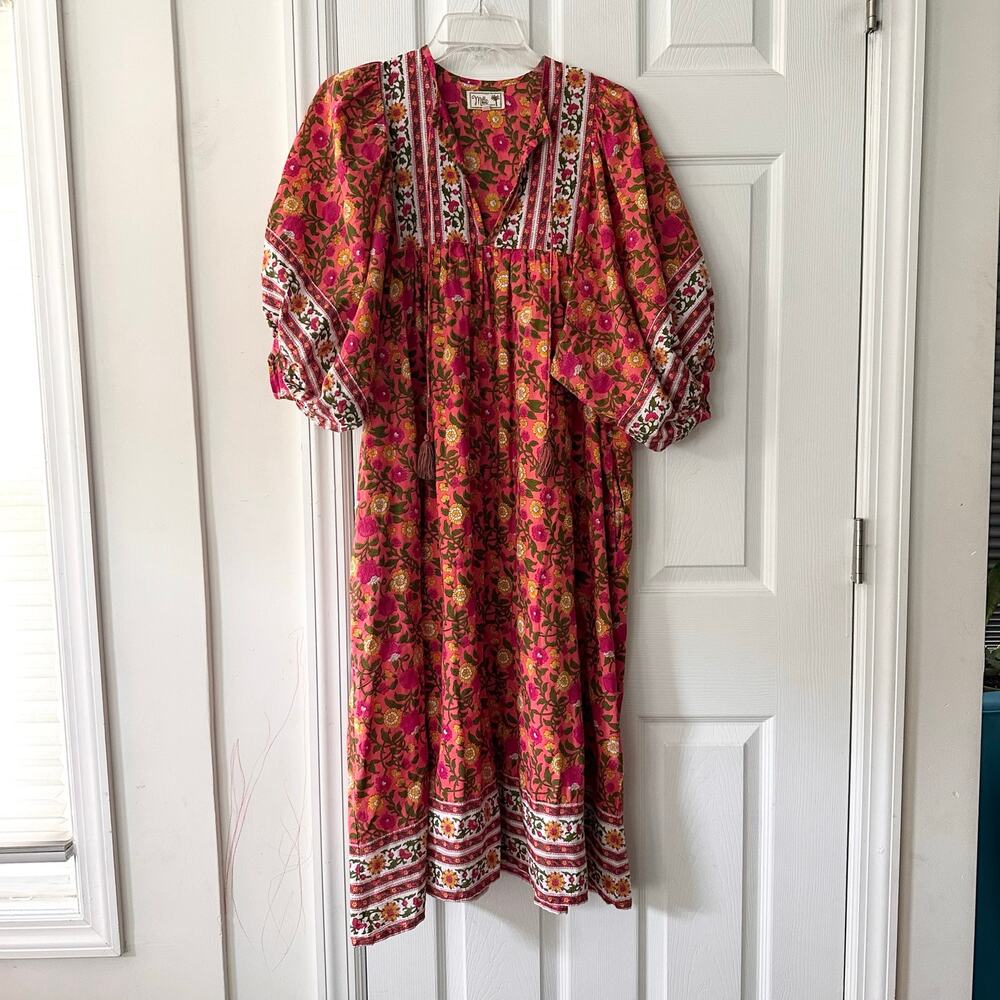Mille Resort & Travel Passionfruit Saffron Midi Dress Orange Floral Print Medium